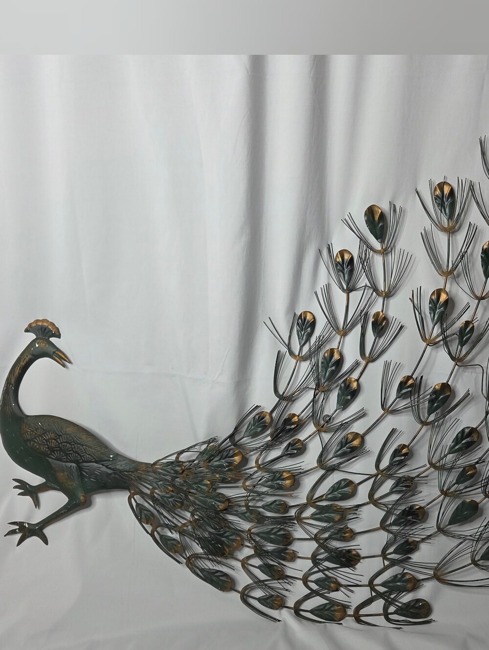 Decorative Metal Peacock Wall Art in Dark Bronze and Gold Accents MCM Vintage